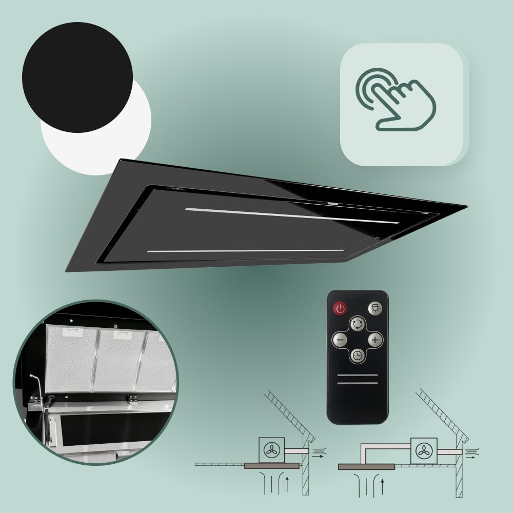 Gurari Hotte aspirante de plafond, 120 cm, GCH C 341 Prime, moteur d'aspiration à recirculation, 1000 m³/h, en verre, noir, avec télécommande, classe d'efficacité énergétique A