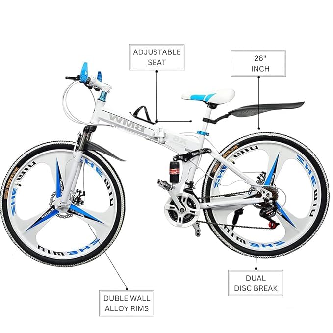Image of Amaze Kai Dual Suspension Bikes Bm Foldable Gear Cycle for Men with 21 Speed Gear 6 Spoke | Folding Mountain Bike with Double Disc Break & Mac Wheel, 26 Inch, White N Black (White-b)
