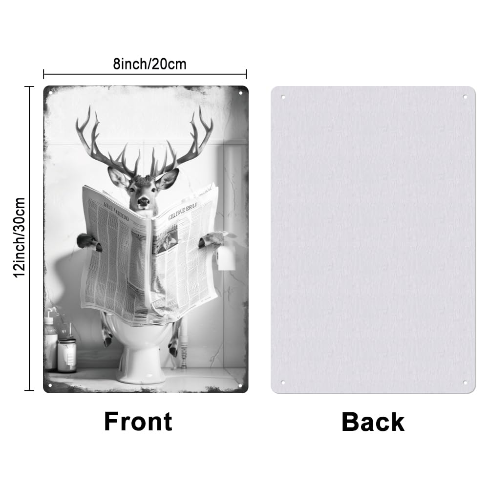 Plaque Déco Murale Rétro En Métal - Cerf Lisant Un Journal - Décor Vintage Pour Salle De Bain & Toilettes - 5