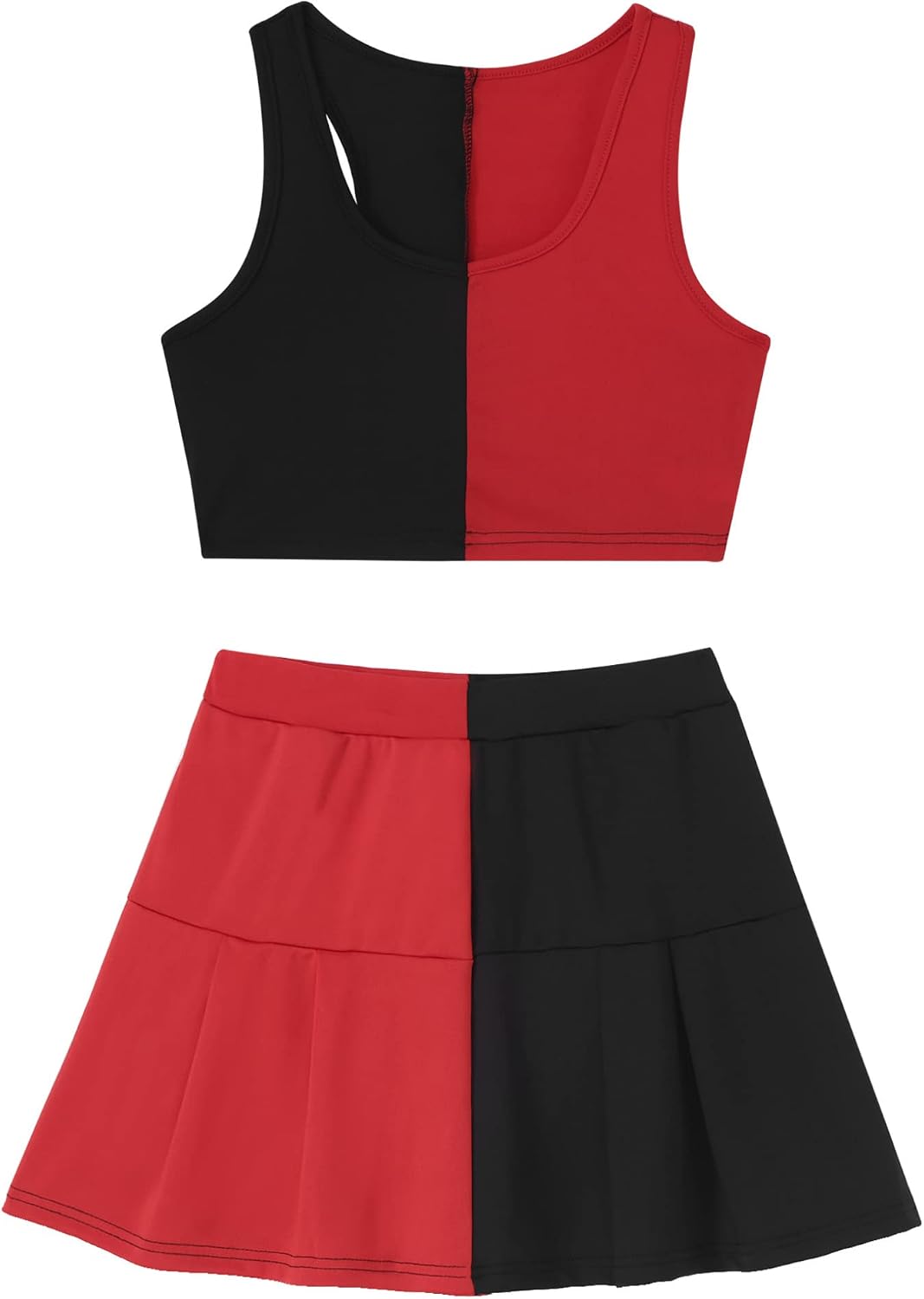 Freebily Women's Color Block Cheer Uniform Outfits U Neck Sleeveless Crop Top with Pleated Skort Skirts