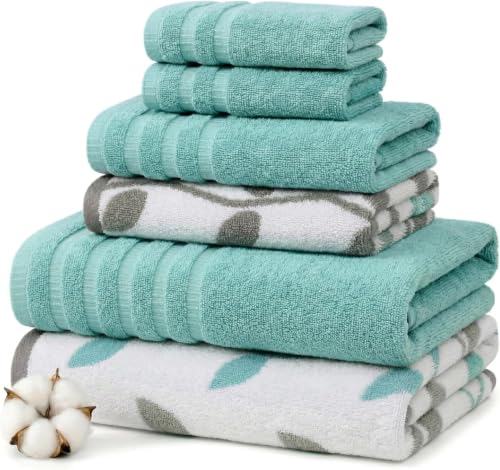 Image of Modern Threads 6 Piece Bath Towel Set - Bathroom Set with 2 Bath Towels, 2 Hand Towels & 2 Wash Cloths - 100% Cotton, Super Absorbent & Extra Soft - Reversible Natural Vine (Aqua), 1 Set (Pack of 8)
