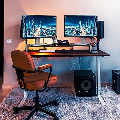 QEEIG 3 Shelf Monitor Riser with Phone Holder for 2 Monitors Desk Shelves Organizer Desktop Stand Dual Computer Screen Laptop PC Office Table Shelving Adjustable 23.5-36 inch Long, Black (MS635)