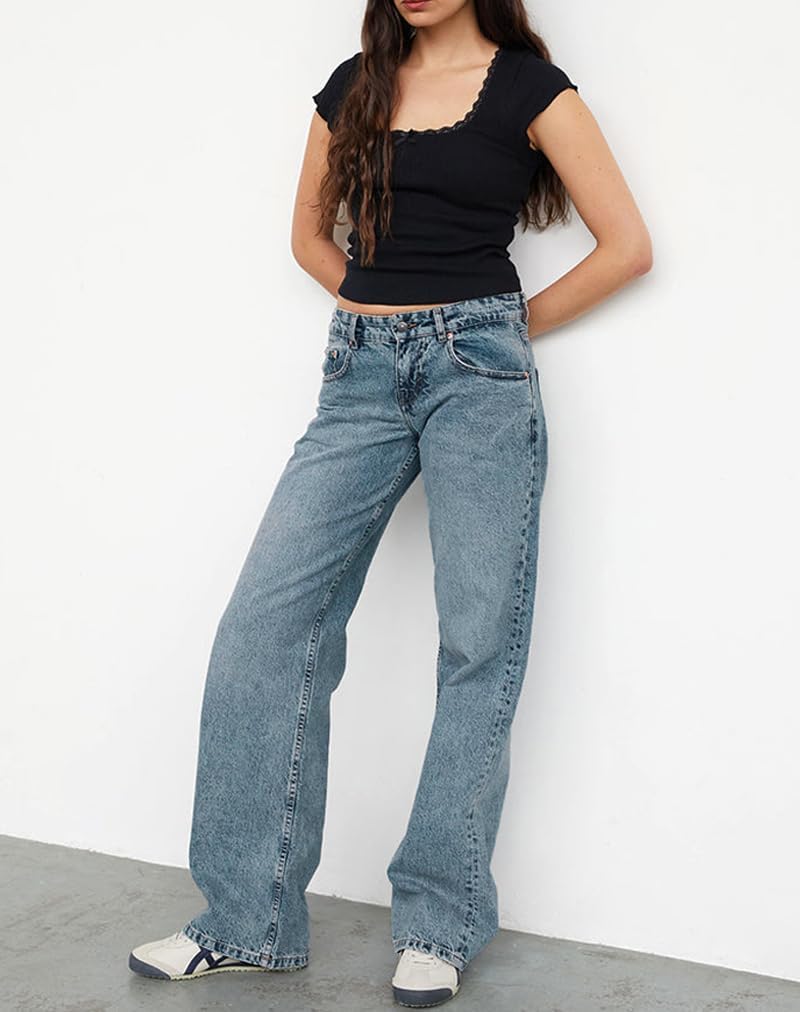 EMMIOL Mid-Low Rise Baggy Jeans for Women, Straight Leg Vintage Boyfriend Jeans with Distressed Details