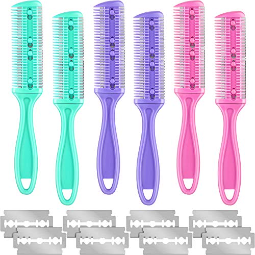 6 Pieces Razor Comb with 20 Pieces Razors, Hair Cutting Thinning Cutter Comb Haircuts Cutting Tool and Double Edge Razor (Green, Purple, Rose Red)