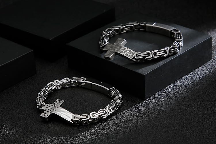 Men's Stainless Steel Cross Bracelet Punk Style Link Chain Silver Bracelet for Men, Fashion Religious Jewelry with Push Clasp Cool Bangle Gift for Boyfriend Husband - Image 3