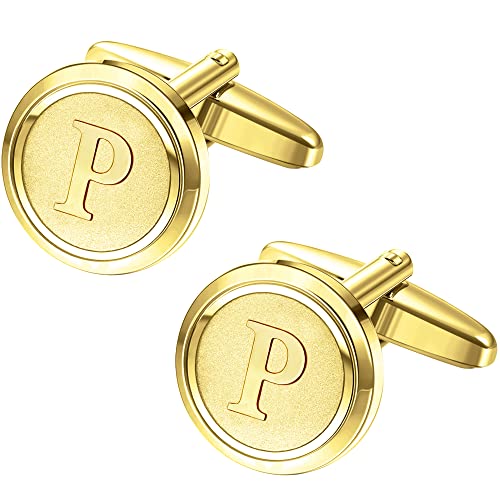 Image of LOYALLOOK Initial Gold Cufflinks for Men Gold Cuff Links Personalized Copper CuffLinks Letter Cufflinks Gift for Groom Husband Father