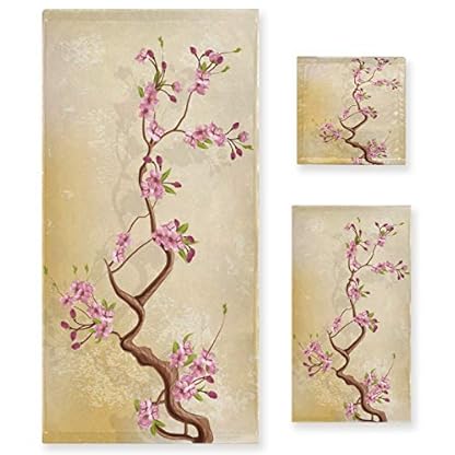 Handtuch-Set, Kirschblütenzweig mit Blumen und Blättern, 3-teilig, 1 Badetuch, 1 Waschlappen, 1 Handtuch, 3 Stück, weich, multifunktional, für Zuhause, Küche, Hotel, Fitnessstudio, Schwimmen, Spa