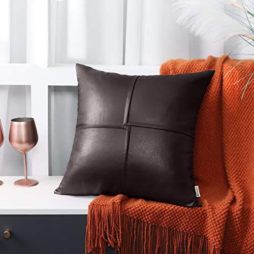 Image of BRAWARM Faux Leather Throw Pillow Covers 18 X 18 Inches, Brown Leather Pillow Covers Pack of 2, Hand Stitched Leather Decorative Throw Pillows for Couch Sofa Bed Living Room Home Garden