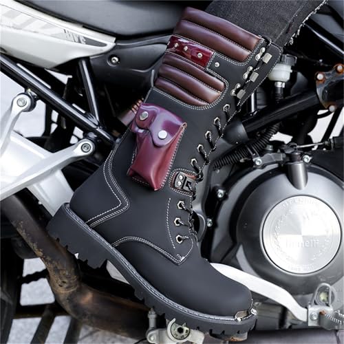 Men's Leather High Top Lace Up Motorcycle Boots Mid-Calf Military Tactical Combat Boot Buckle British Metal Biker Riding Punk Rock Backpacking Shoes3