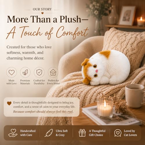 Image of Monex Stationary Cute Sitting Cat Plu | Ultra Soft Stuffed Animal for Kids, Girls & Room Decor | Decorative Cat Plushie Gift (Whait-Orange)