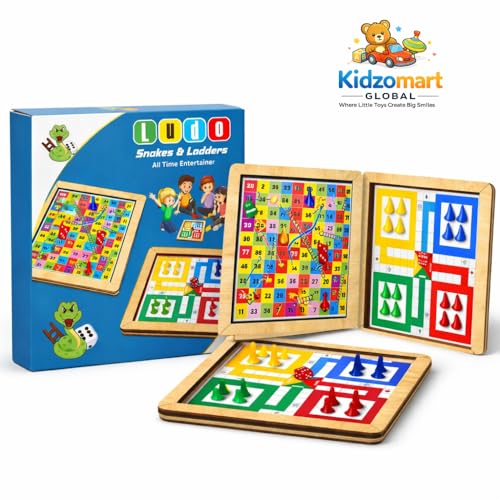 Image of 2-in-1 Wooden Board Game Snakes & Ladders | Reversible Travel Game | Vibrant Multiplayer Game for Kids & Adults| Smooth & Durable Indoor Board Game Set (9.5 Inch)