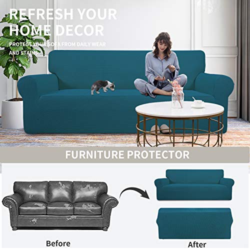 Image of Easy-Going Stretch Oversized Loveseat Slipcover 1-Piece Sofa Cover Furniture Protector Couch Soft with Elastic Bottom for Kids Polyester Spandex Jacquard Fabric Small Checks Peacock Blue