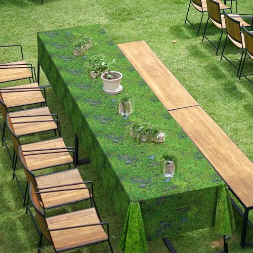 Image of Kochorie 100 Ft x 54 Inch Green Moss Tablecloth Roll with Slide Cutter Box Disposable Green Grass Plastic Tablecovers Cut to Size Tablecloth Jumbo Jungle Backdrop for Birthday Picnic Baby Shower
