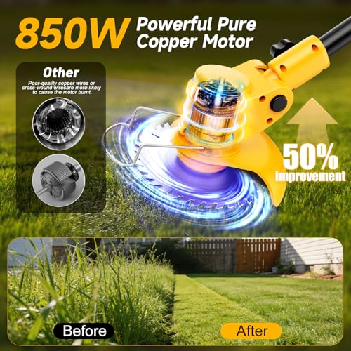 Image of Electric Weed Wacker Cordless with Wheels,Electric Weed Eater Battery Powered 4000mAh,4 in 1 Grass Trimmer /Brush Cutter /Grass Edger /Tiller for Gardening & Lawn with Blade, 2 Battery