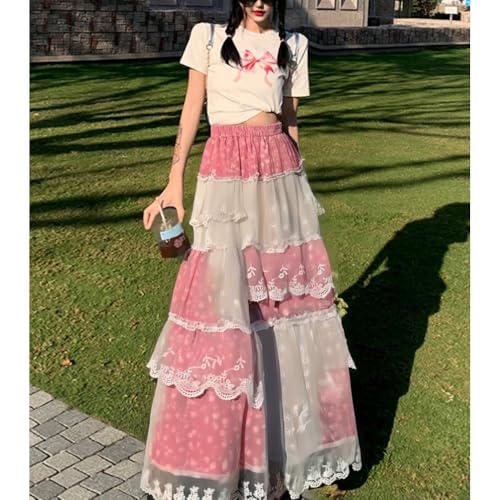 Y2k Retro College Style midi Skirt with Summer high Waist and Slimming Effect Patchwork lace Skirt3