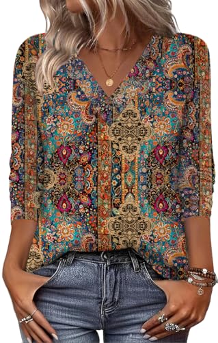 Zeagoo Women Long Sleeve Tops V Neck Blouses Floral Boho Shirts Loose Fit Business Casual Work Tshirts