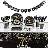 170-Piece 70th Birthday Party Supplies, Serves 24 Black and Gold Plates, Napkins, Cups, Cutlery, Tablecloth and Banner