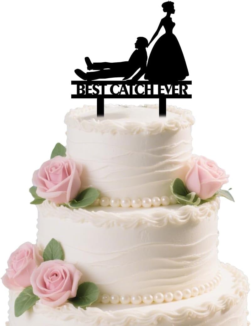Funny Wedding Cake Topper Cute Wedding Party Decorations - Bride Dragging the Groom - Best Catch Ever Cake Topper for Anniversary Bridal Shower Party Supplies