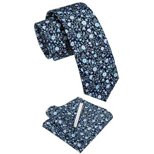 Image of YourTies Cotton Floral Tie for Men 2.5 inch Printed Skinny Necktie Pocket Square Tie Clip Set Flower Wedding Party Groom