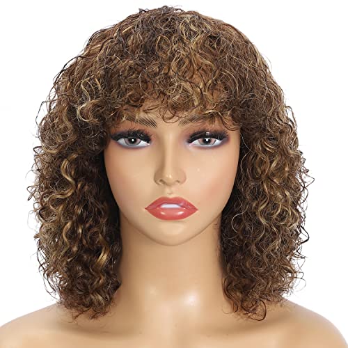 PECWU Highlight Curly Bob Wig with Bangs Human Hair wear and go glueless wig bob None Lace Front Short Kinky Curly 4/27 Brown Honey Blonde Afro Curly Wigs for Black Women Jerru Curly Wig(12,P 4/27)