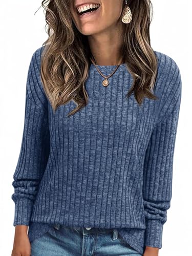 Cicy Bell Damen Langarmshirt Leichte Strickpullover Henley Shirt Dressy Casual Rundhals Sweatshirt Loose Fit Tunika Tops,Blau,M
