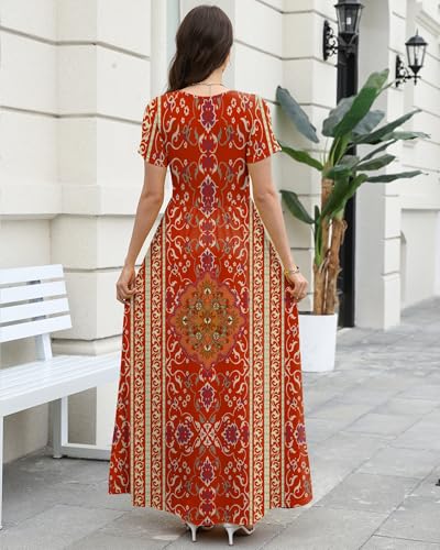 Image of COSSEN Women's Crew Neck Short Sleeve Maxi Dress with Pockets Casual Loose Swing for Wedding Guest Beach Vacation