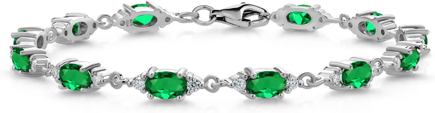 Gem Stone King 925 Sterling Silver Green Nano Emerald and White Moissanite Tennis Bracelet For Women (5.71 Cttw, Gemstone Birthstone, Oval 6X4MM, 6.5, 7, 7.5 Inch)