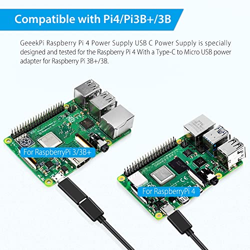 GeeekPi Fuente de alimentación por Raspberry Pi 4 18W USB C,Raspberry Pi 4 5V 3.6A Power Supply with On/Off Switch for Raspberry Pi 4 Model B 8GB/4GB/2GB/1GB,con un Adaptador Micro USB para Pi 3B+/3B