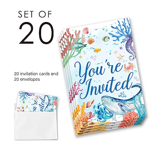 EUDOSI Conjunto de 20 suprimentos para convites de festa de aniversário Under the Sea com envelopes