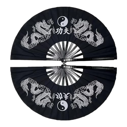 Éventail d'arts martiaux Tai Chi Kung Fu 33cm avec ouverture fluide et tissu dragon