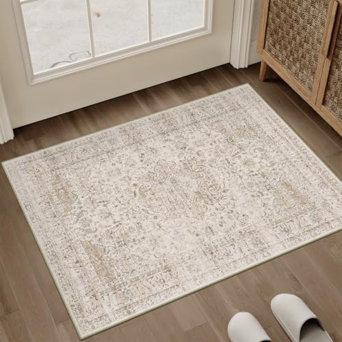 2x3 Washable Beige Vintage Area Rug for Entryway Non-Slip Low Pile Traditional Carpet Retro Distressed Soft Thin Door Mat Small Accent Throw Rug for Kitchen Entrance Bathroom Indoor