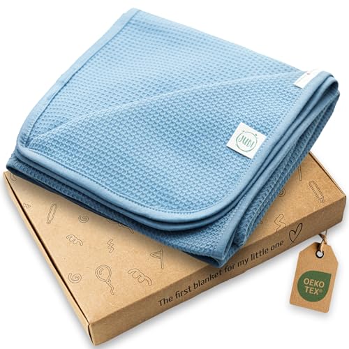 Jubi Coperta a nido d'ape, 100% cotone, morbida coperto per neonati e passeggino, certificata Oeko-Tex, bel regalo per nascita (blu denim)