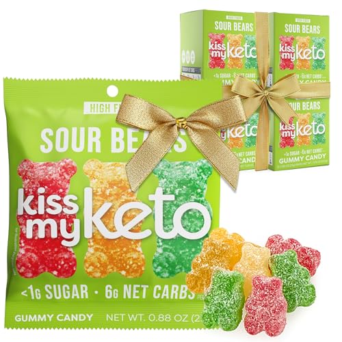 Kiss My Keto Sour Sugar Free Gummy Bears, 32-Pack – Satisfy Cravings while Staying in Ketosis – High Fiber, 6g Net Carbs, Non-GMO, Vegan, & No Gluten – Fruity Sugar Free Gummies