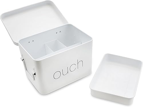 AQ - "OUCH Caja de primeros auxilios de metal, blanco mate - Caja de almacenamiento médico y de primeros auxilios con compartimentos y asa lateral,
