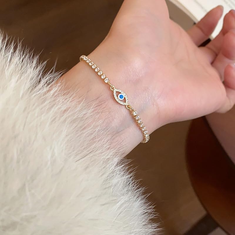 Evil Eye Bracelet for Women, Dainty Devil Eyes Tennis Bracelets, Cute Sparkly Faux Diamond Cubic Zirconia Link Bracelets With Lucky Charm, Small Wrist Friendly Karma and Luck Energy Protection Hand Chain, Adjustable CZ Jewelery Gifts (2mm Gold) 6