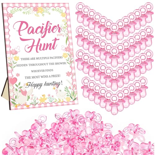 Image of Thyle 51 Pcs Pink Silly Goose Pacifier Hunt Baby Shower Games Silly Goose Decorations Include Hunt Sign and 50 Acrylic Pacifiers for Baby Shower Game Decoration Gift Sets Gender Reveal Party Decor