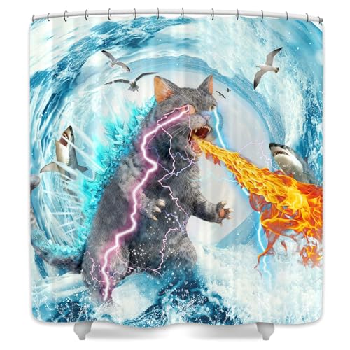 Image of Funny Cat Shower Curtain Set, Cute Fun Cat Blue Wave Animal Shark Ocean Theme Shower Curtain for Kids, Cool Cats Kids Home Bathroom Decor Polyester Waterproof Fabric Bath Curtain with 12 Hooks