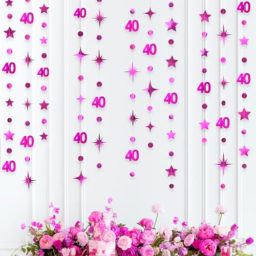 Hot Pink 40th Birthday Decorations Number 40 Circle Dot Twinkle Star Garland Metallic Hanging Streamer Bunting Banner Backdrop for Women Cheers to 40 Years Old Bday Forty Anniversary Party Supplies
