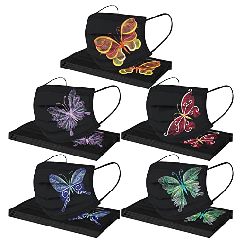 50PCS Adult Face_Mask Disposable Rhinestones Butterfly Designs ,3Ply Non-woven Face_Masks Balaclava Covering for Women Men