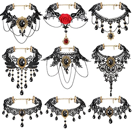 Mtlee 9 Pieces Black Gothic Lace Choker Necklaces For Women Elegant Retro Victorian Choker Necklace For Women Girl Punk Party Steampunk Vampire Costumes Jewelry #TOP16
