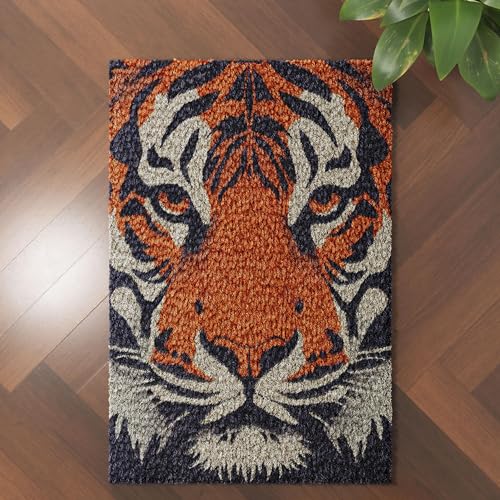 Image of Wild Animal Orange Tiger Latch Hook Rug Kit for Adults DIY Carpet Cushion with Printed Canvas Crochet Yarn Craft Hook and Latch Tapestry for Home Decor Pets Warm Pads 60x40cm(1)