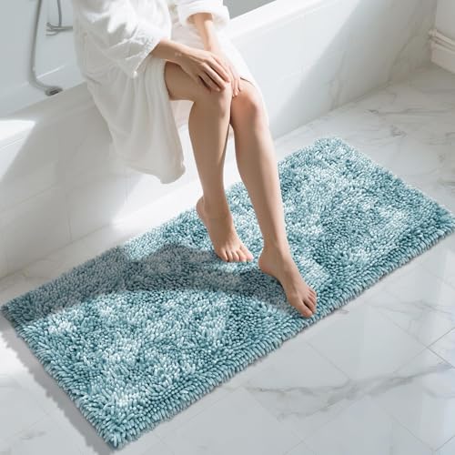 Image of Yimobra Long Bathroom Rugs Runner 55x24 Inch, Extra Thick Soft Absorbent Chenille Bath Mat, Non Slip Machine Washable, Quick Dry Bath Rugs for Bathroom Floor, Tub and Shower, Greyish Blue