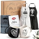 Hochzeitsgeschenke für Brautpaar, 6‑teilig Mr und Mrs Geschenk für Braut und Bräutigam, Tassen, Schürze und Handtuch, Verlobungsgeschenk Paar Geschenke Jahrestag Geschenk für Hochzeit, Verlobungen