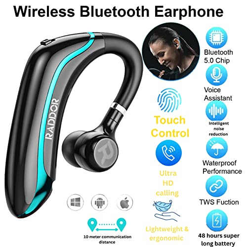 R Raddor Bluetooth Earpiece, Upto 48Hours Playtime Bluetooth Headset, Hd Calling With 5.0 Bluetooth Earphones Waterproof, Sensitive Touch Control,Rotatable Arm Single Ear Bluetooth #TOP1