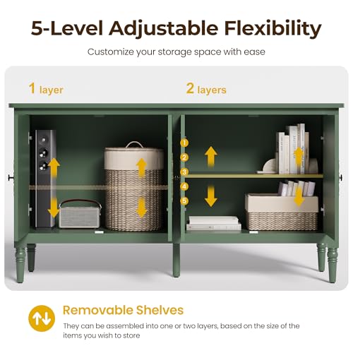 Image of FansaFurn Wood Buffet Sideboard and Media Credenza, Mid Century Modern Console Table with 4 Doors, Pantry Cabinet Accent Storage for Entryway, Living Room, Bedroom, Dining Room, Green1