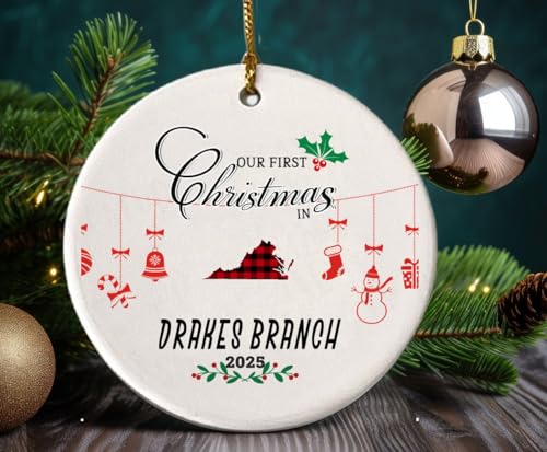 Christmas Ornament Tree 2026 for Drakes Branch Virginia City State Decoration Our First Christmas in Drakes Branch VA Xmas Tree Keepsake Gift Couples New Home Holiday 3" White