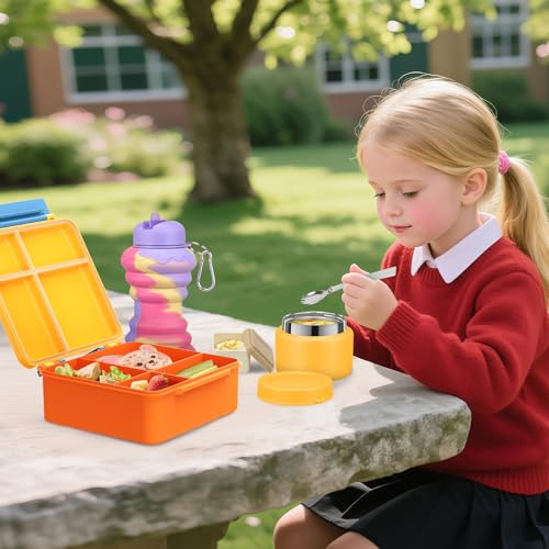 Image of Bento Lunch Box for Kids with 9oz Soup Thermo, Leakproof Lunch Food Containers with 4 Compartment, Kids Thermo Hot Food Jar for School Travel