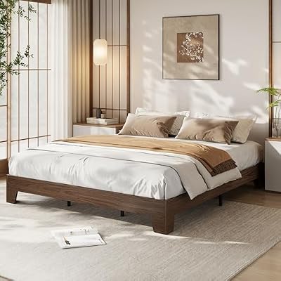 GarveeHome Queen Size Bed Frame with Wooden Slats, Wood Platform Bed Frame, Low Profile Bed, No Box Spring Needed, Noise-Free, Easy Assembly, Natural Walnut