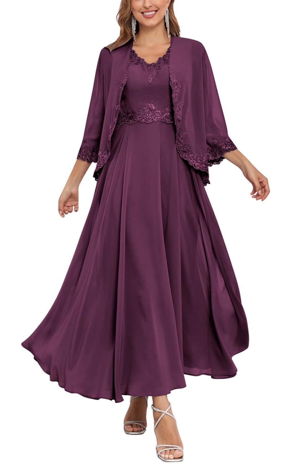 Kurface Women's Plum Long Sleeve Mother Of The Bride Dresses For Wedding With Jacket 2 Pieces Chiffon Mother Of Groom Gown Uk24