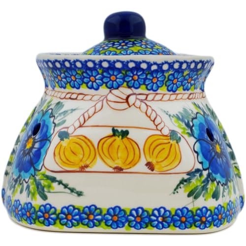 Authentic Polish Pottery Garlic and Onion Jar Signature UNIKAT in Orchid Crown Design Handmade in Boles?awiec Poland + Certificate of Authenticity